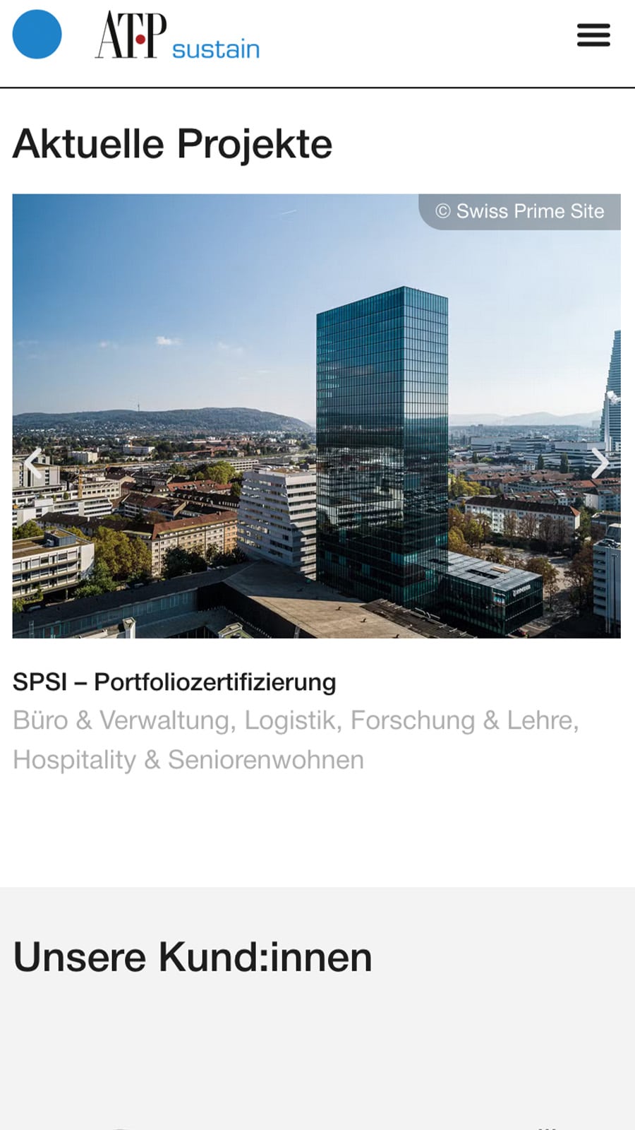 Startseite der ATP-Sustain Website mit modernem Layout, Hero-Bereich mit Call-to-Action und Produktkategorien.