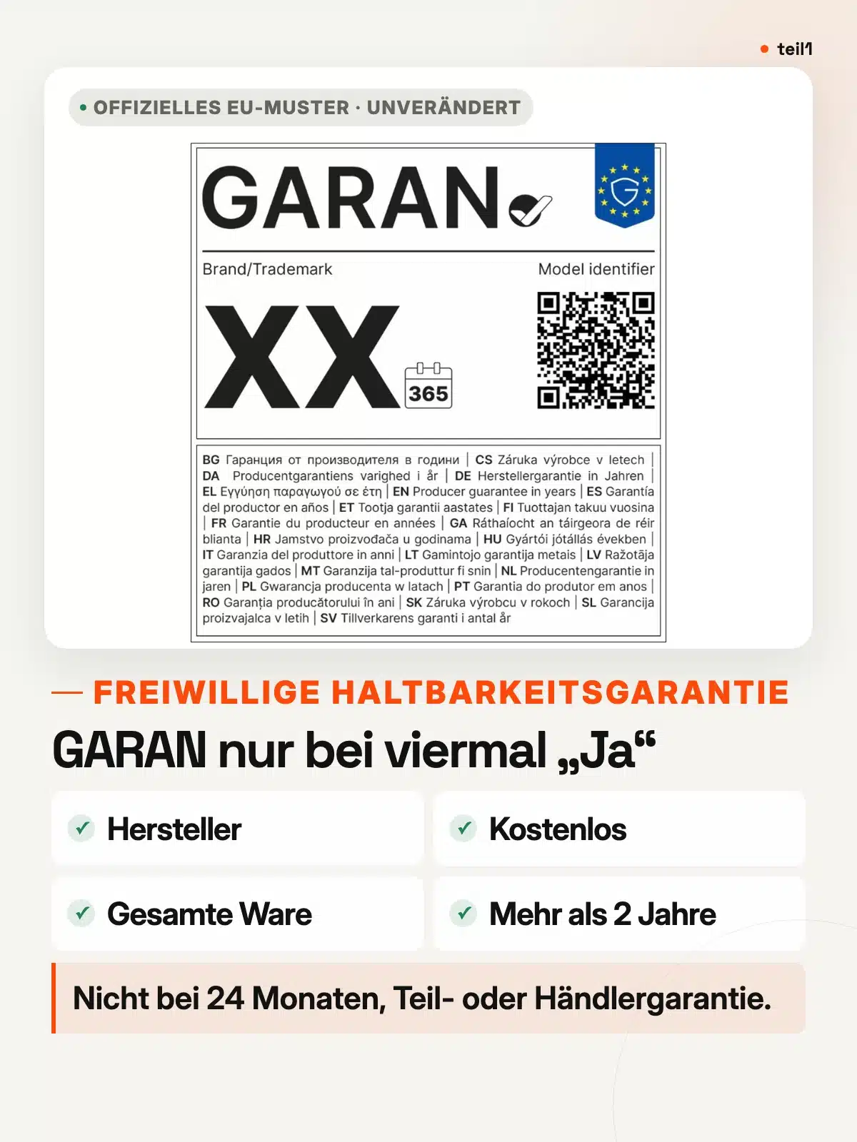 EU-GARAN-Label: erforderlich bei kostenloser Herstellergarantie für die gesamte Ware über mehr als zwei Jahre.