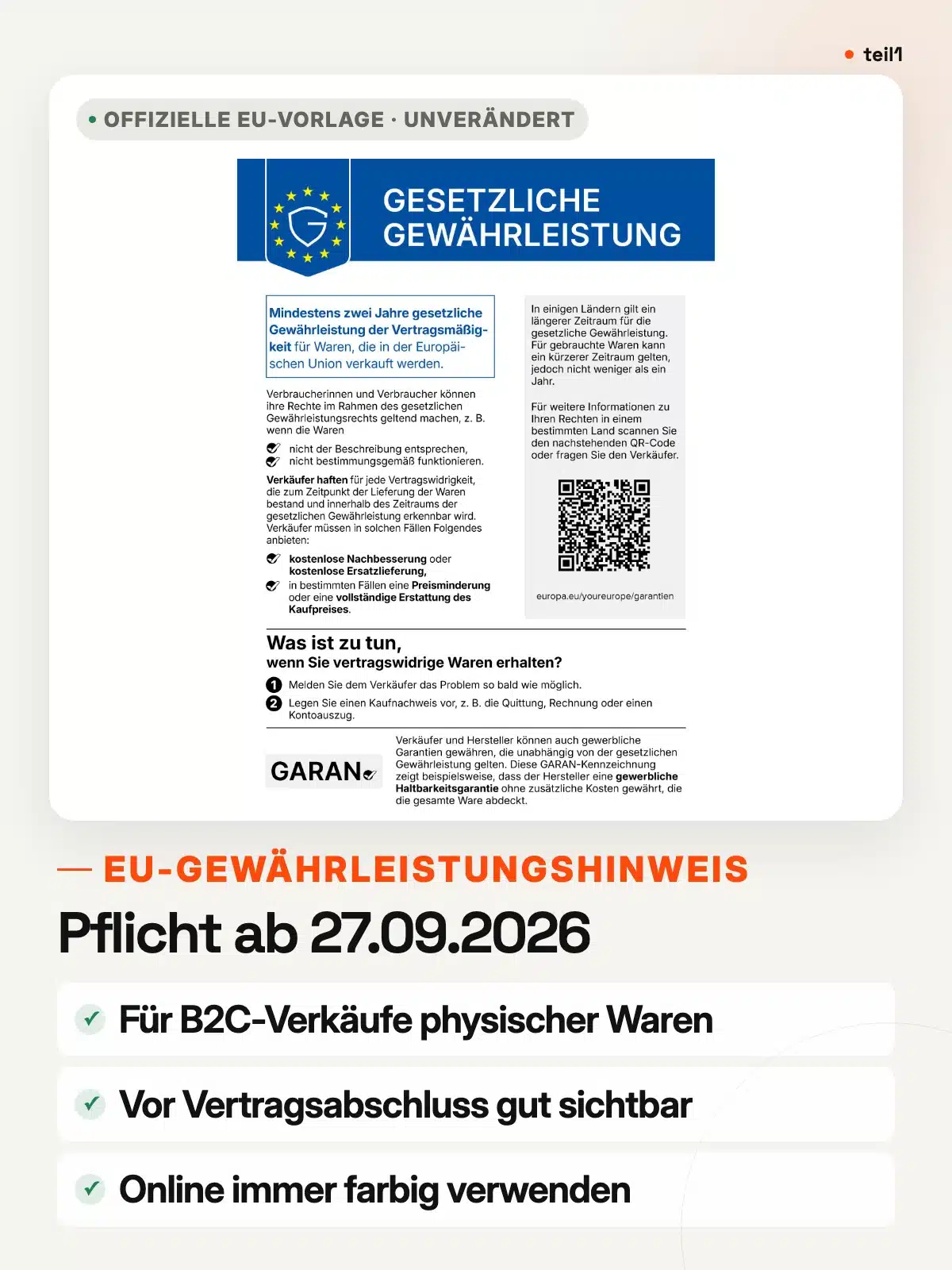EU-Gewährleistungshinweis: Pflicht ab 27. September 2026, vor Vertragsabschluss sichtbar und online farbig.