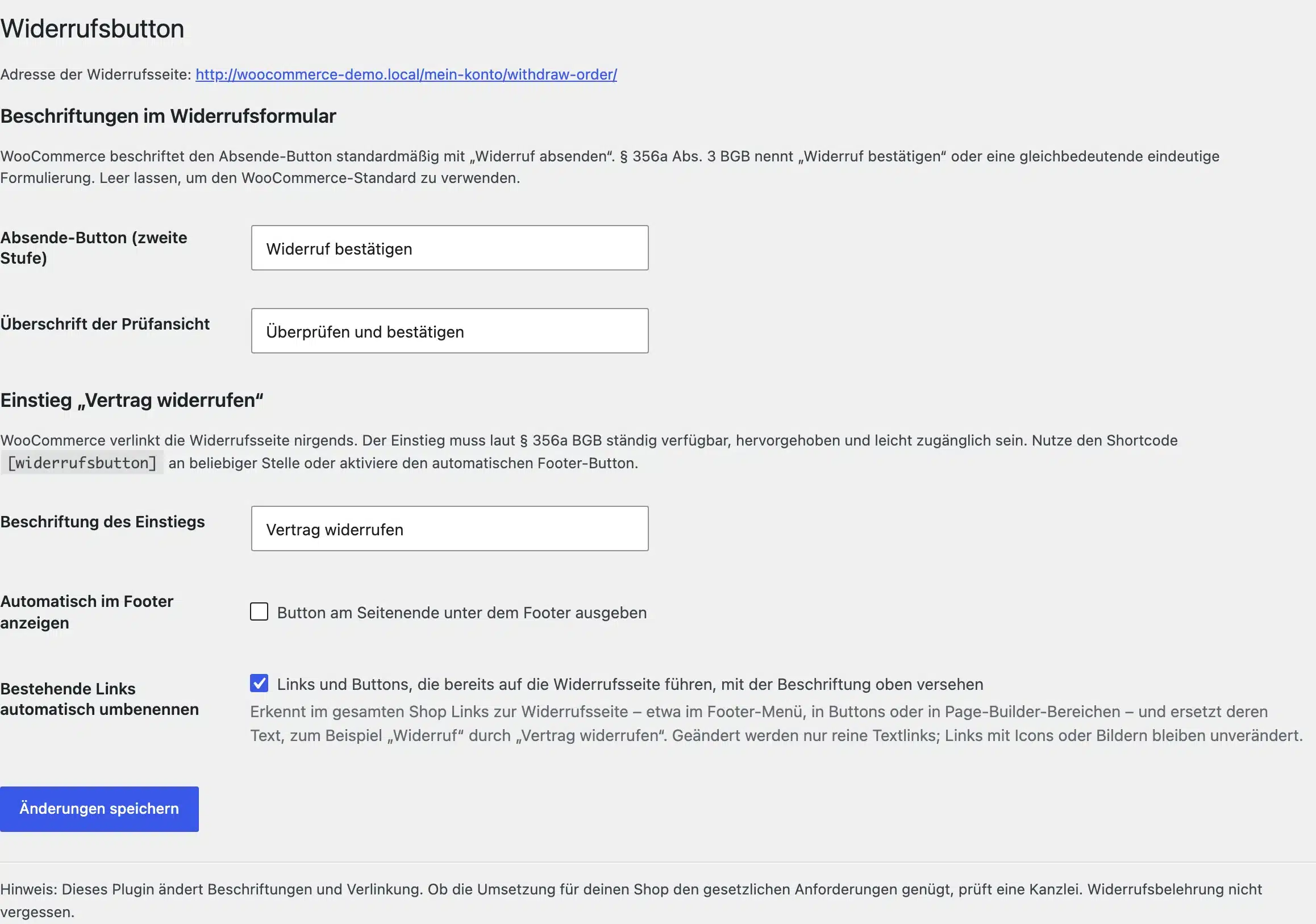 Einstellungsseite des teil1-Plugins „Widerrufsbutton Beschriftung für WooCommerce“: Absende-Button, Überschrift der Prüfansicht, Einstieg, Footer-Option, Links umbenennen