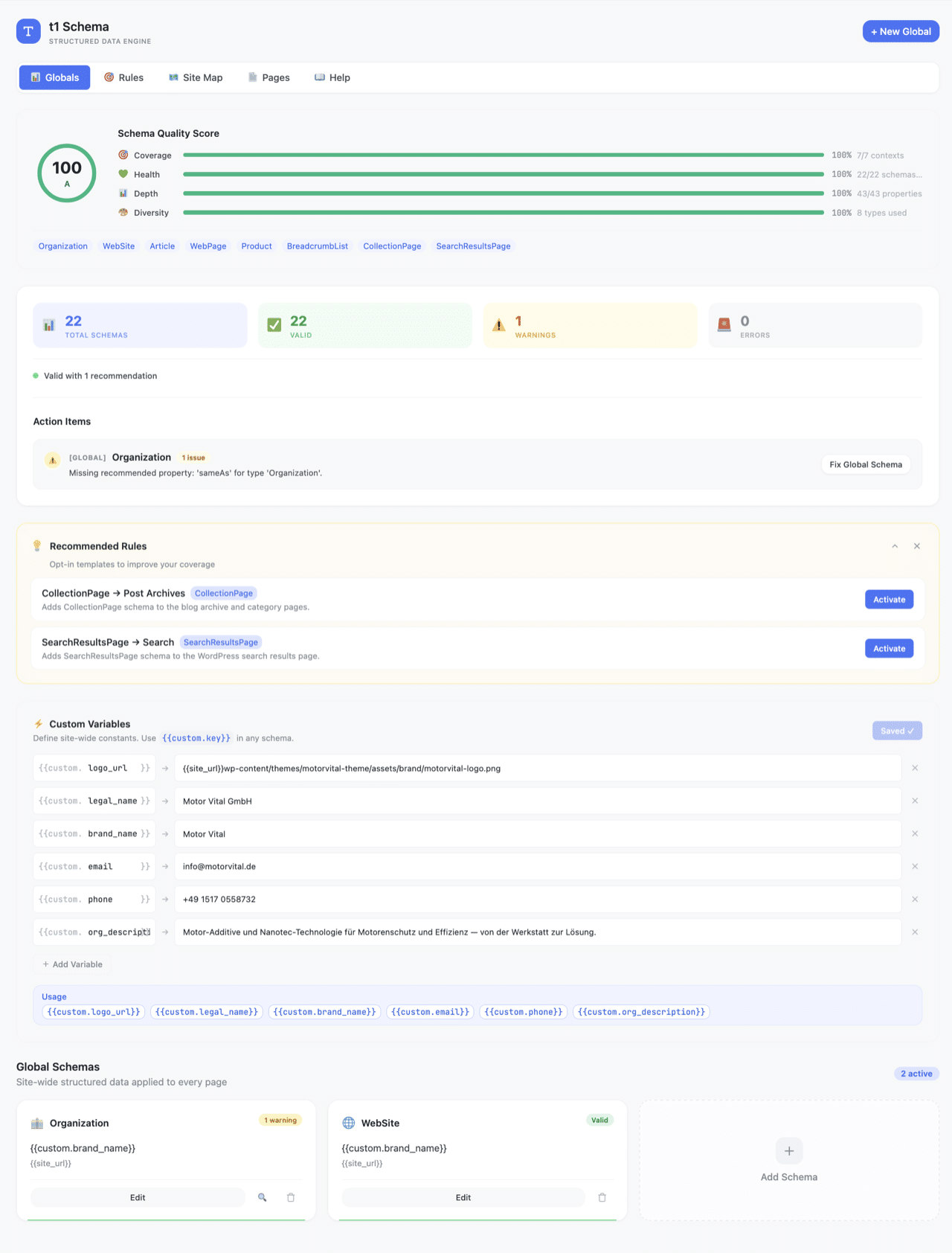 Globals-Ansicht mit Quality Score 100, einer Empfehlung zu sameAs und Variablen für Logo, Name, E-Mail und Telefon.