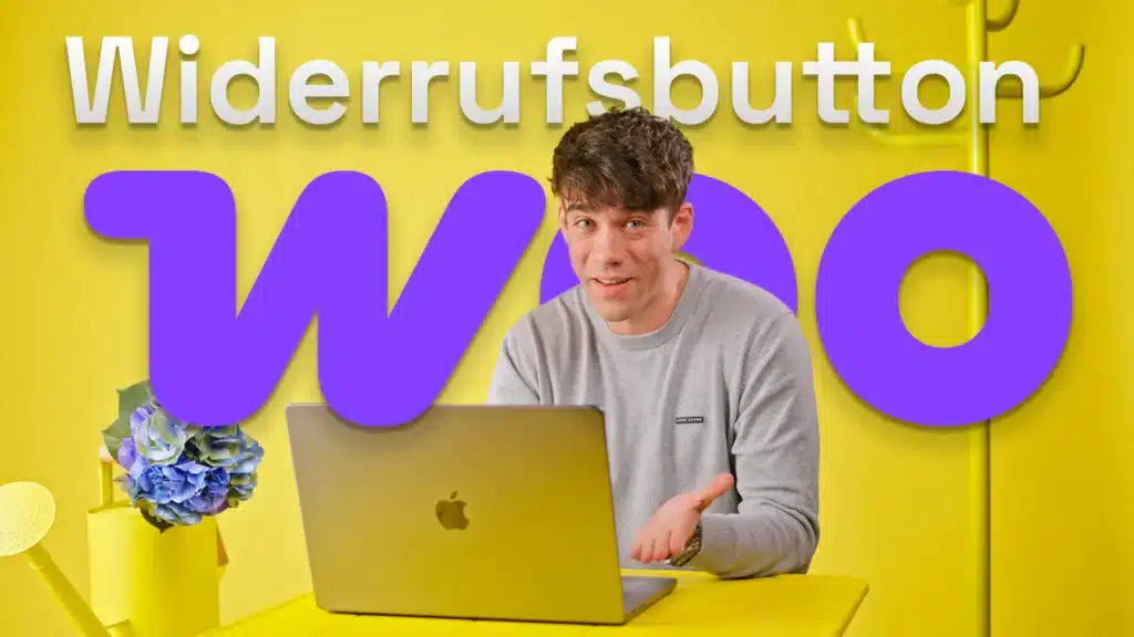 Nicolas Fuchs von teil1 sitzt am Laptop vor dem violetten Woo-Logo, darüber der Schriftzug „Widerrufsbutton“ – Vorschaubild zum Video über die Einrichtung des WooCommerce-Widerrufsbuttons