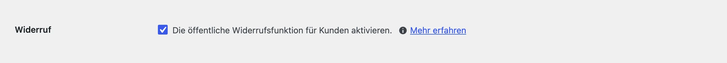 WooCommerce-Einstellungen: Erweitert → Funktionen mit aktiviertem Eintrag „Widerruf – Die öffentliche Widerrufsfunktion für Kunden aktivieren“