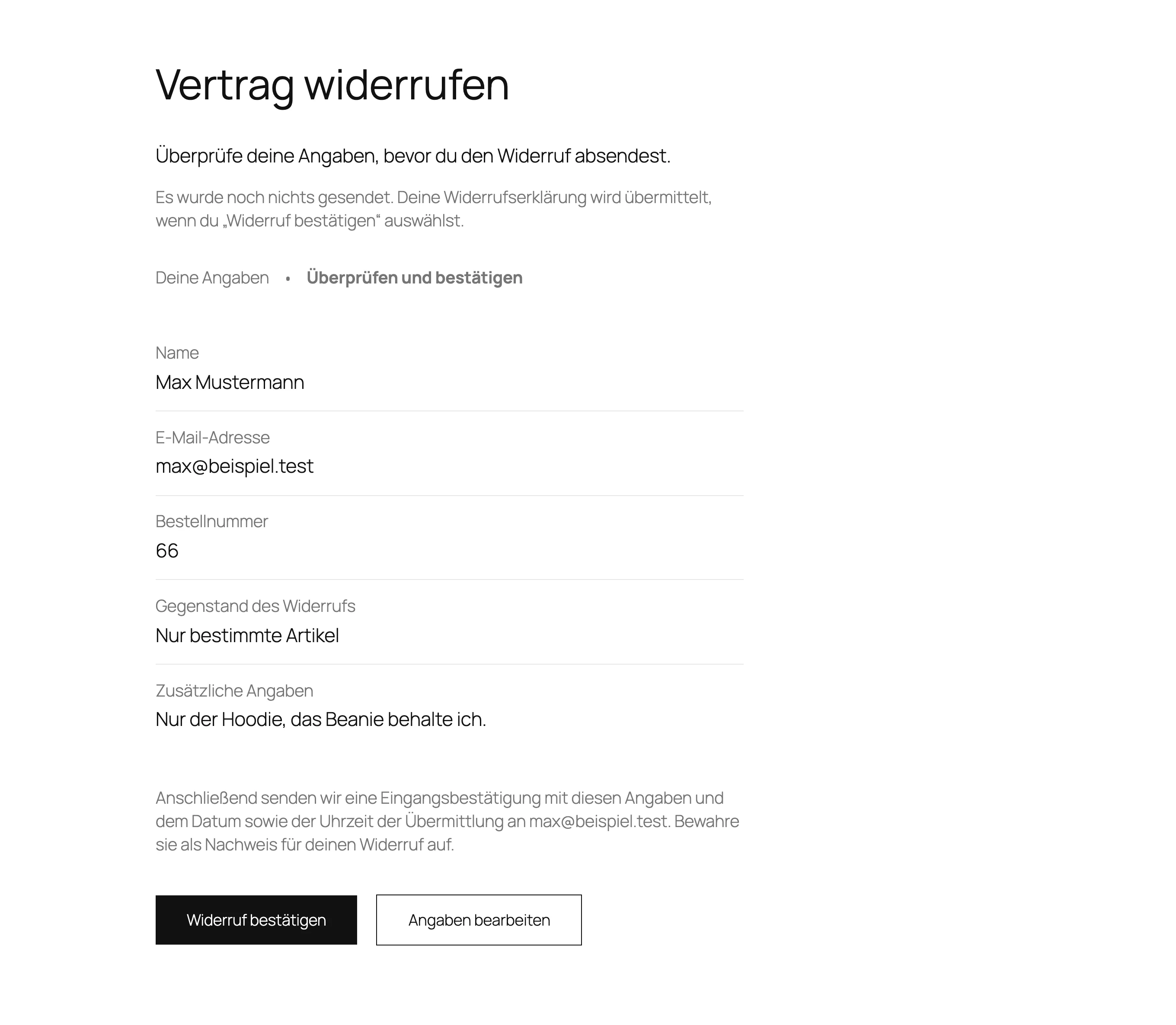 Prüfansicht des WooCommerce-Widerrufs mit den eingegebenen Angaben und dem Button „Widerruf bestätigen“ (teil1-Plugin aktiv)