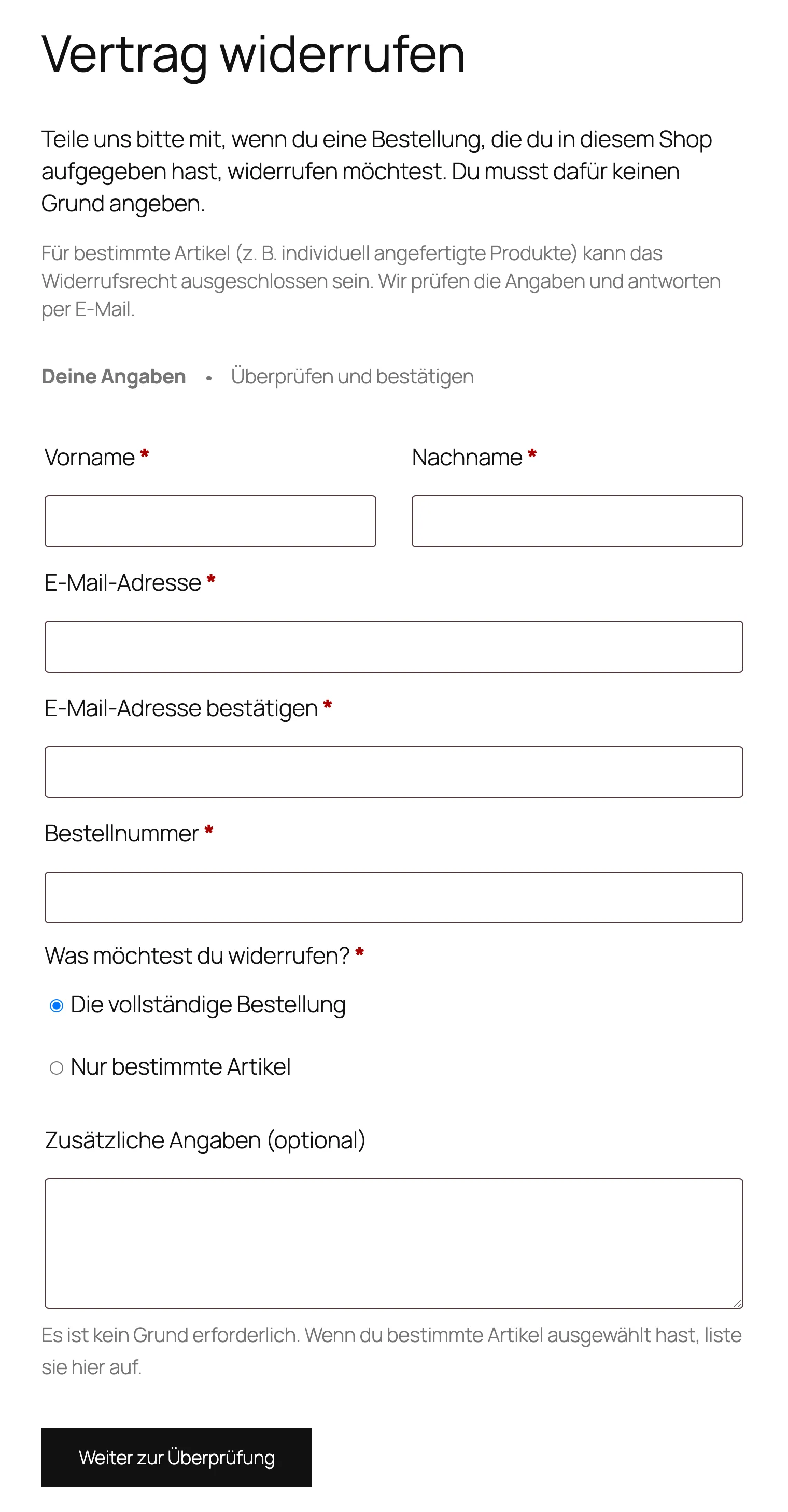 Natives WooCommerce-Widerrufsformular unter /mein-konto/withdraw-order/ ohne Login: Vorname, Nachname, E-Mail, Bestellnummer, vollständige Bestellung oder bestimmte Artikel