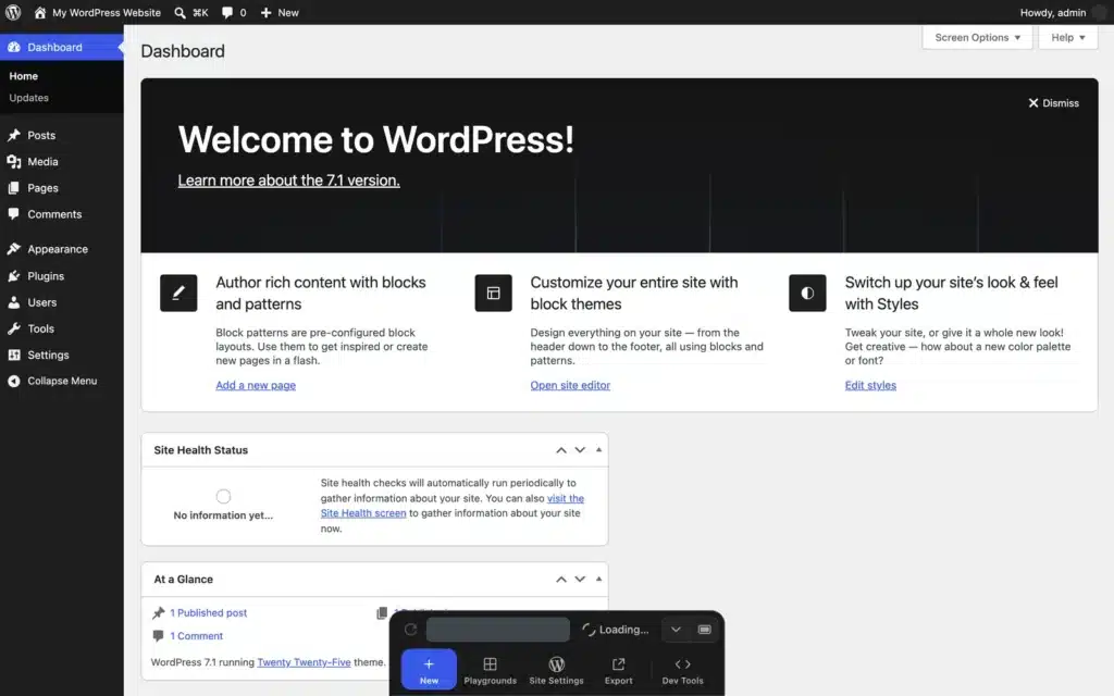 WordPress Playground im Browser: Dashboard einer frisch gestarteten WordPress-7.1-Instanz, unten das Playground-Dock mit New, Playgrounds, Site Settings, Export und Dev Tools