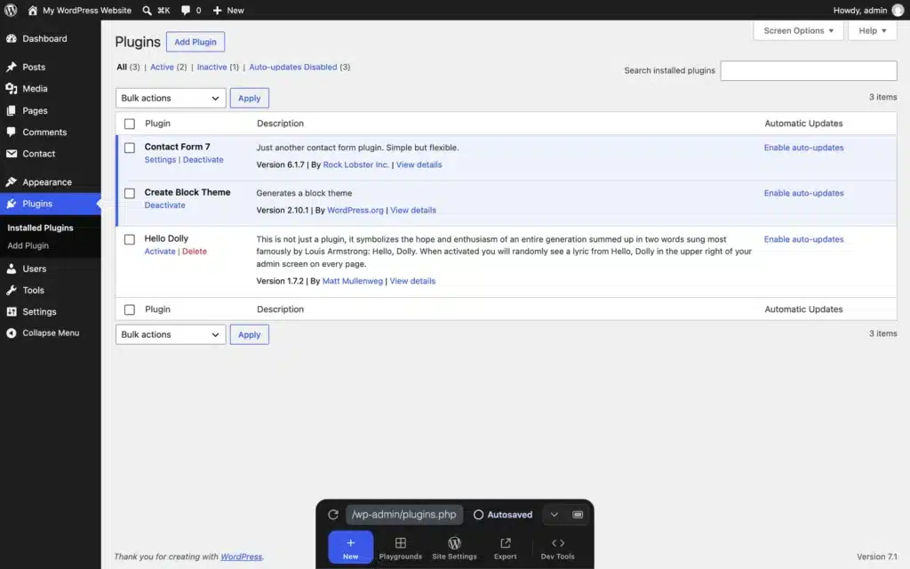 Plugin-Übersicht in WordPress Playground mit Contact Form 7 und Create Block Theme, installiert über die URL-Parameter plugin=