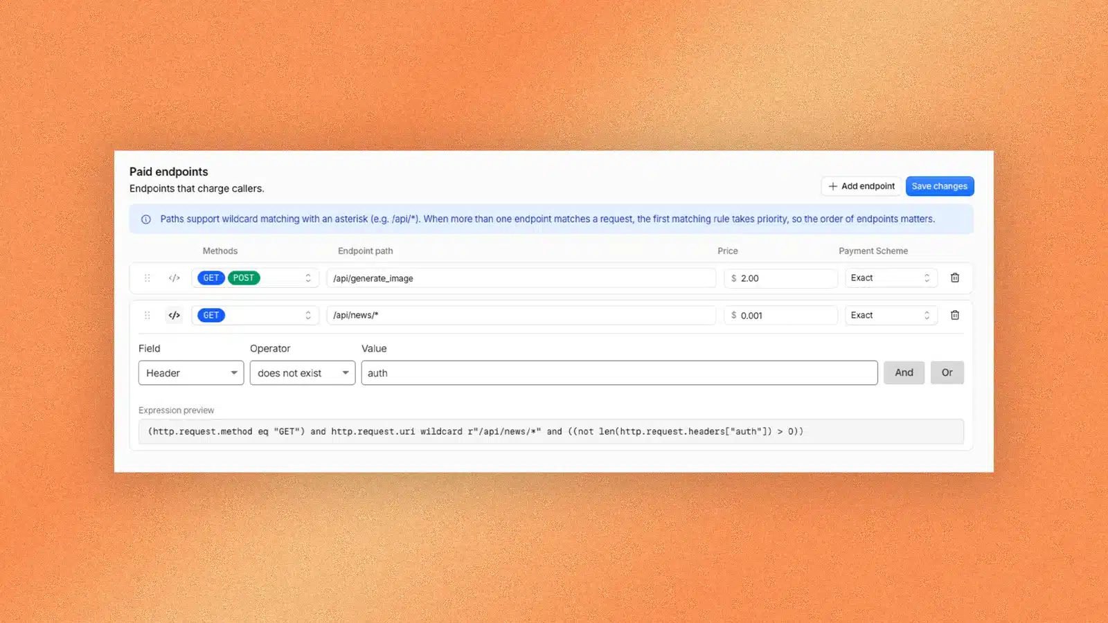 Cloudflare-Einstellung Paid endpoints: /api/generate_image kostet 2,00 Dollar pro Anfrage, /api/news/* kostet 0,001 Dollar, wenn die Anfrage keinen auth-Header mitschickt.