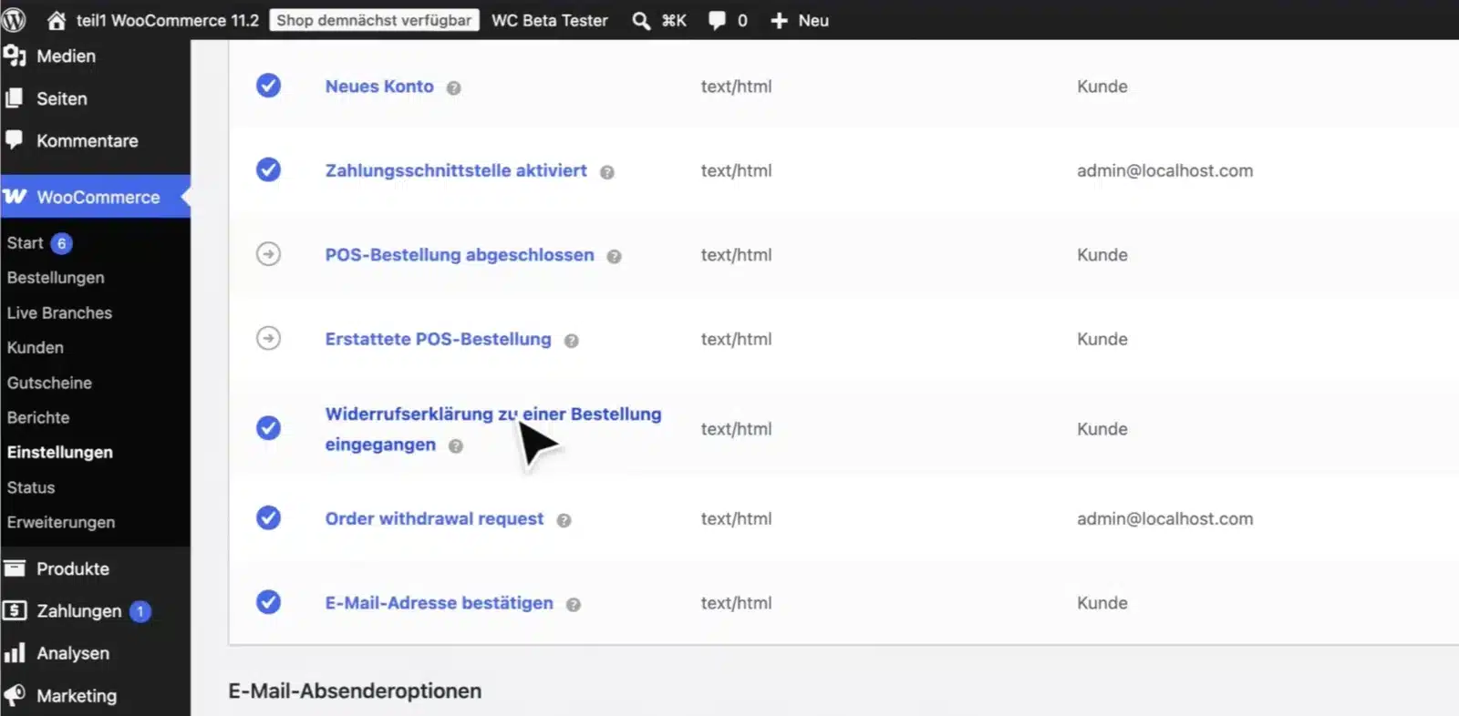 WooCommerce-E-Mail-Liste: „Widerrufserklärung zu einer Bestellung eingegangen“ ist aktiv und geht an den Kunden, „Order withdrawal request“ ist aktiv und geht an die Administrator-Adresse.
